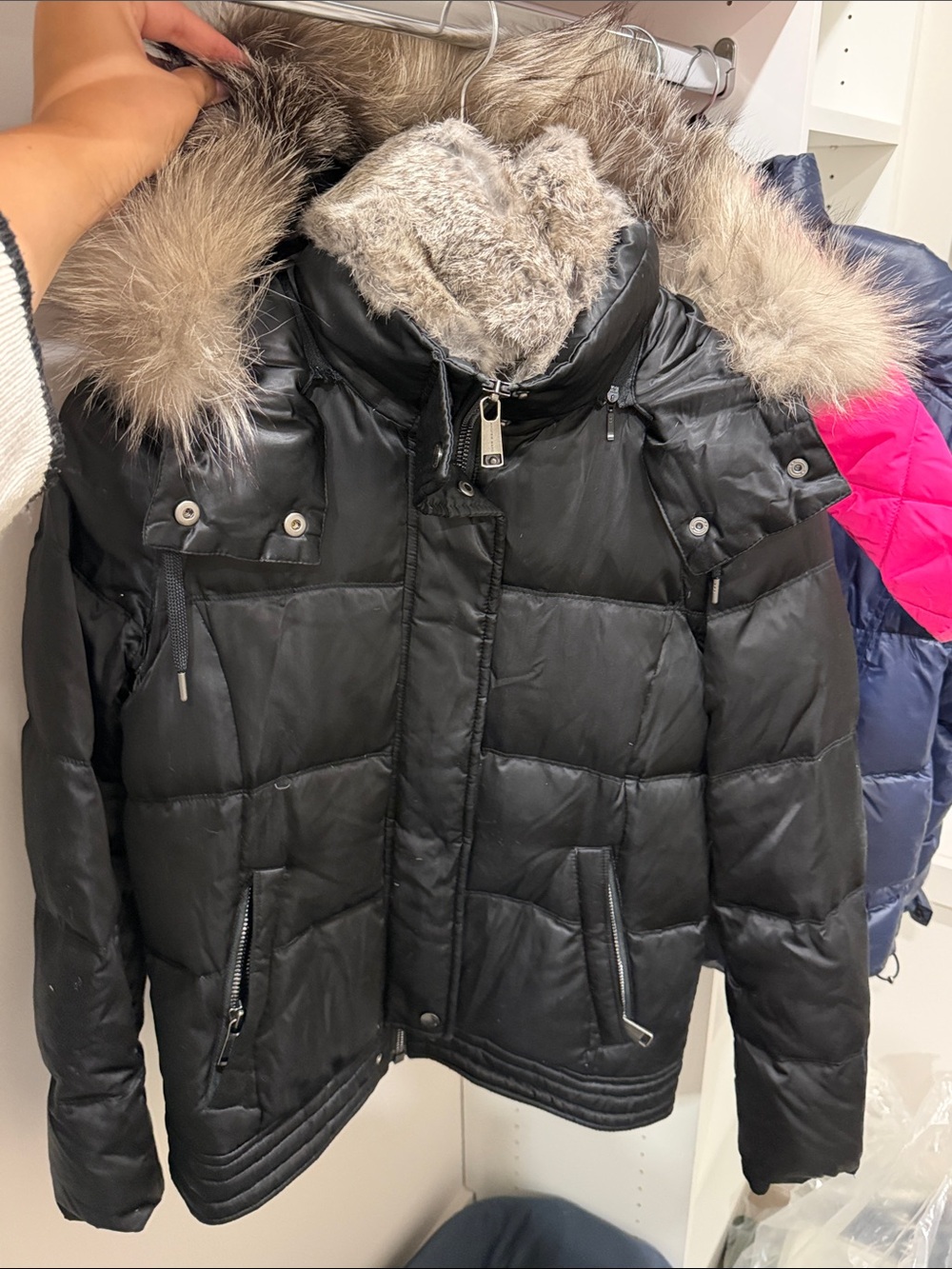 Andrew Marc Black Puffer Jacket with Faux Fur Trim Hood